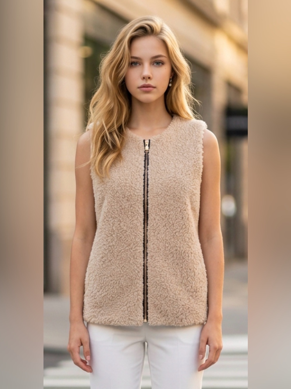 Beige Sherpa Zip Front Vest